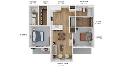 Floor plan for 2 beds, 2 baths, 1119 sqft